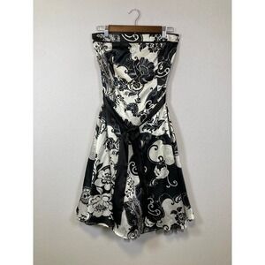 Ruby‎ Rox Strapless Floral Paisley Cocktail Dress 7 Ivory Black Satin 50s Style